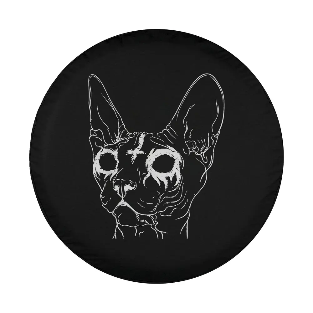 Minimalist line art Sphynx cat in black metal goth death metal style tire cover