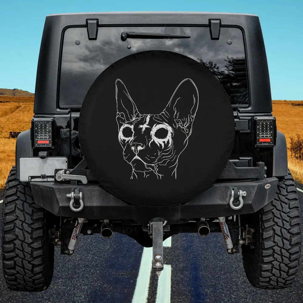 Black metal Sphynx cat goth death metal spare tire cover with no camera hole for Jeep or SUV