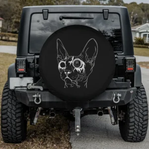 Black metal Sphynx cat goth death metal spare tire cover with backup camera hole for Jeep or SUV