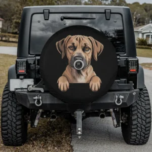 Black Mouth Cur peeking pocket puppy dog spare tire cover with backup camera hole for SUV