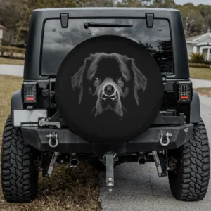 Black Newfoundland dog brown eyes face spare tire cover with camera hole