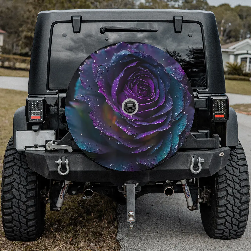 Black purple rose dew floral spare tire cover with backup camera hole for Jeep Gladiator