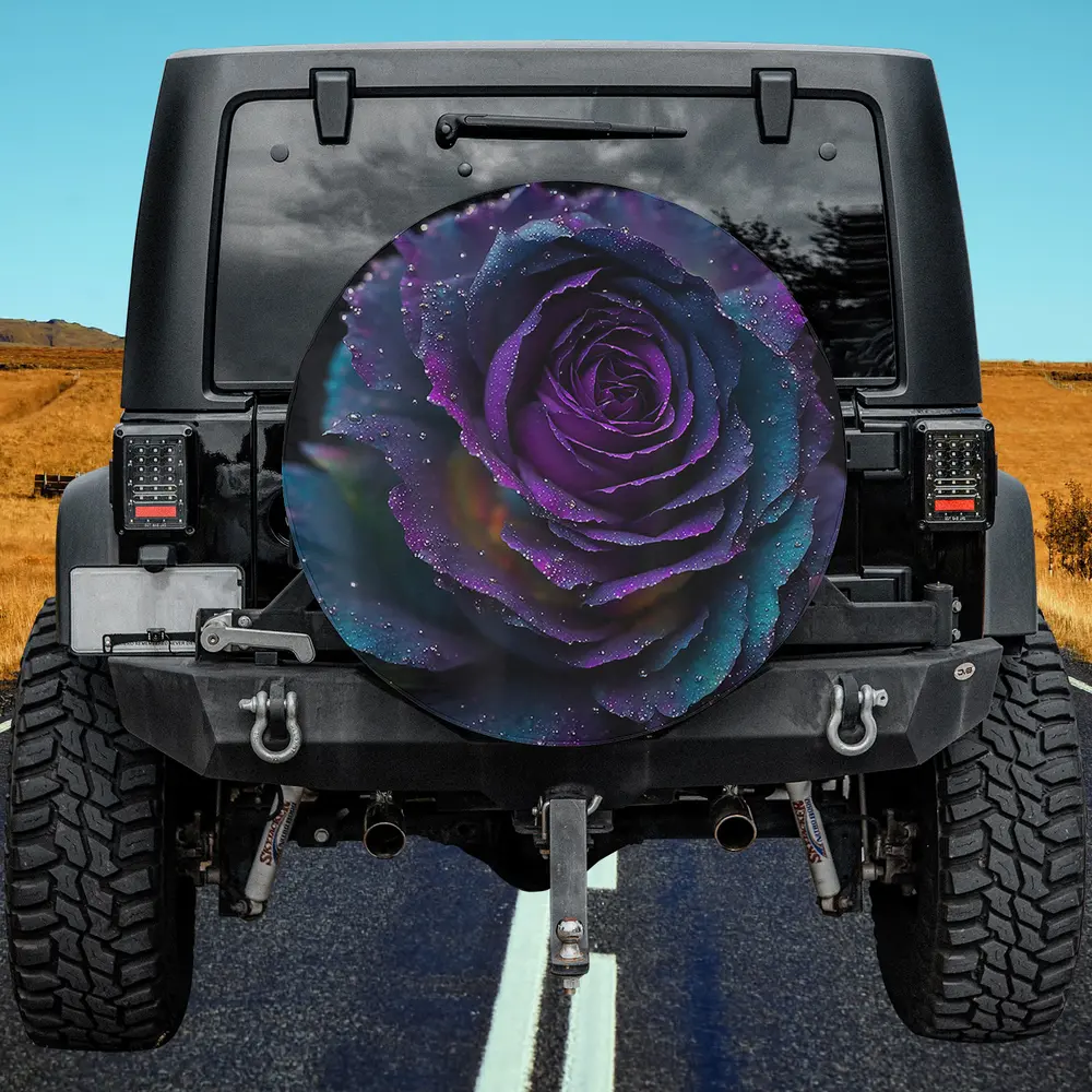 Black purple rose dew floral spare tire cover on Jeep Gladiator with no camera hole
