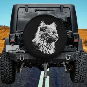 black white cat portrait animal motif spare tire cover on Jeep