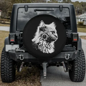 black white cat portrait animal motif spare tire cover with camera hole