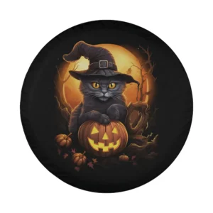 Black witch cat with jack-o-lantern pumpkin Halloween design for spare tire cover