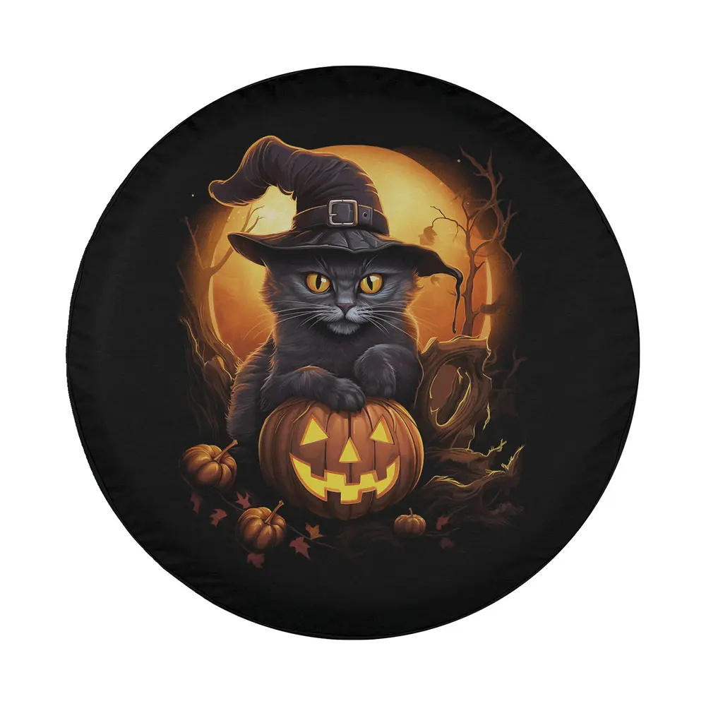 Black witch cat with jack-o-lantern pumpkin Halloween design for spare tire cover