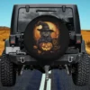 Black witch cat with jack-o-lantern pumpkin Halloween spare tire cover no camera hole for Jeep or SUV