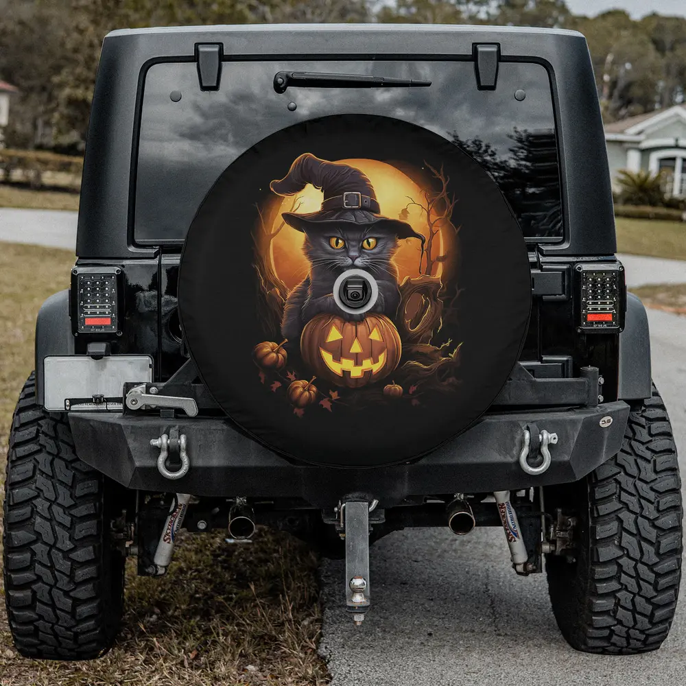 Black witch cat jack-o-lantern pumpkin Halloween spare tire cover with camera hole for Jeep or SUV