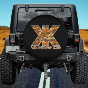 Blaze camo warrior kid typography spare tire cover for travel trailer, no camera hole