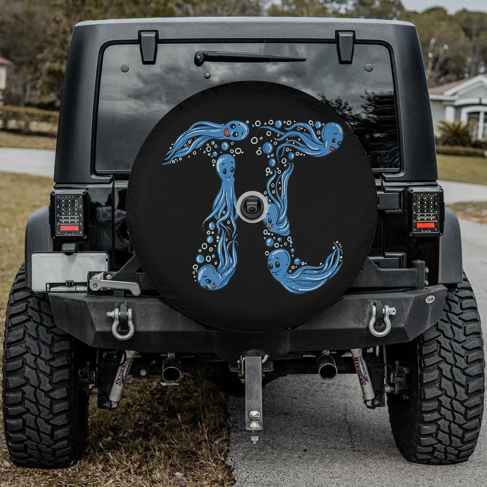 blue cartoon octopus pi symbol math spare tire cover with camera hole
