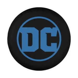 Minimalist blue DC Comics logo on black spare tire cover design