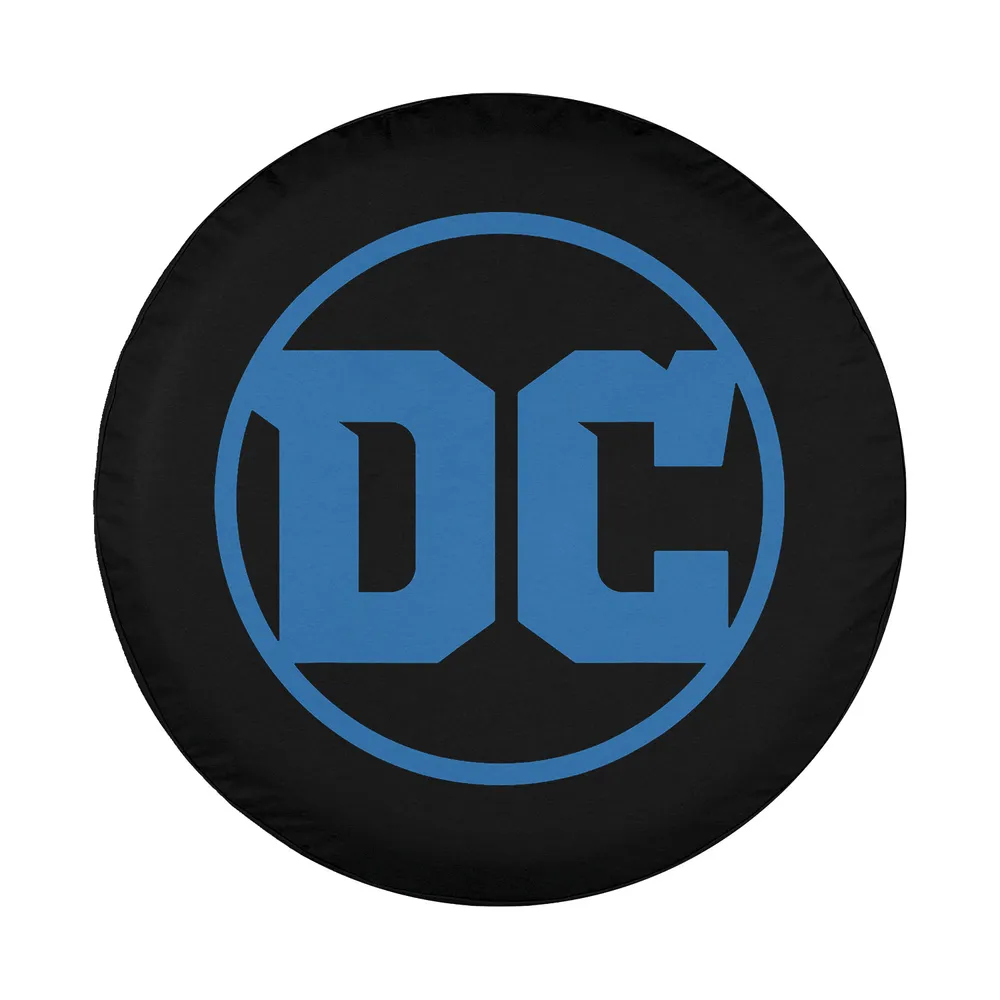 Minimalist blue DC Comics logo on black spare tire cover design