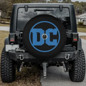 Blue DC Comics logo minimalist black spare tire cover with camera hole for Jeep Gladiator