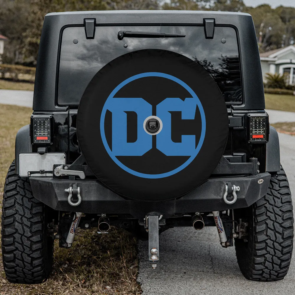Blue DC Comics logo minimalist black spare tire cover with camera hole for Jeep Gladiator