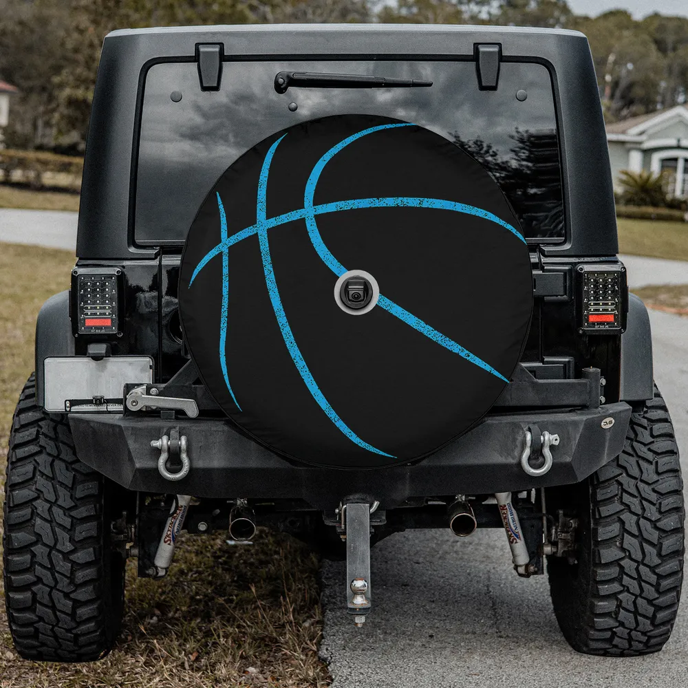 Blue distressed basketball minimalist sports spare tire cover with camera hole