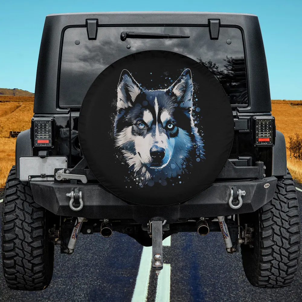 Blue eyed husky motif pet illustration dog spare tire cover with no camera hole