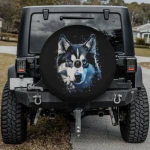 Blue eyed husky motif pet illustration dog spare tire cover with backup camera hole