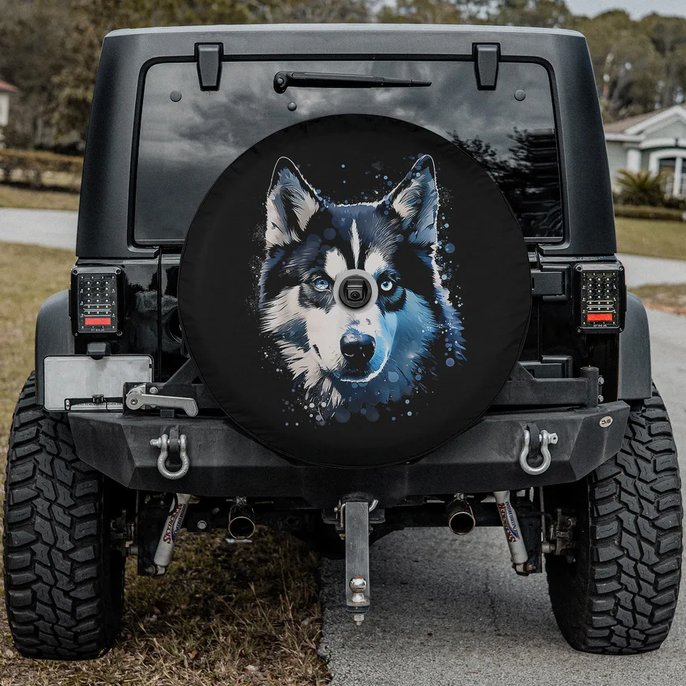 Blue eyed husky motif pet illustration dog spare tire cover with backup camera hole