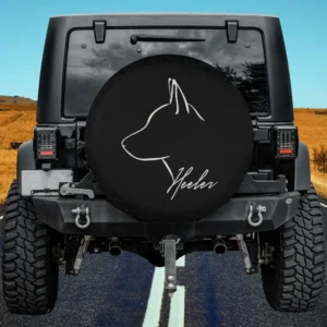 Blue Heeler profile line art dog lover spare tire cover on Jeep, minimalist style