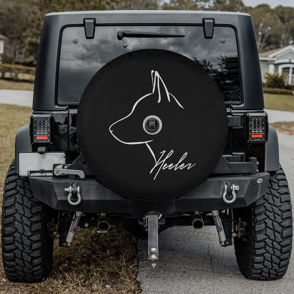 Blue Heeler profile line art spare tire cover with camera hole for Jeep or SUV