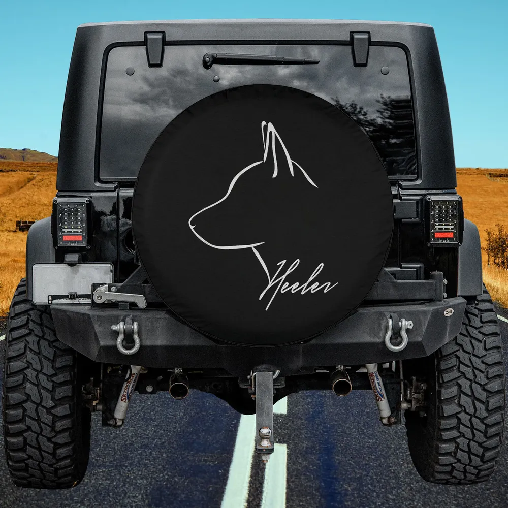 Blue Heeler profile line art dog lover spare tire cover on Jeep, minimalist style