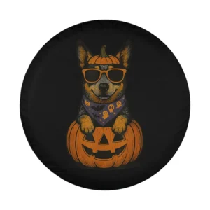 Halloween Blue Heeler dog with pumpkin sunglasses in jack-o-lantern design for spare tire cover