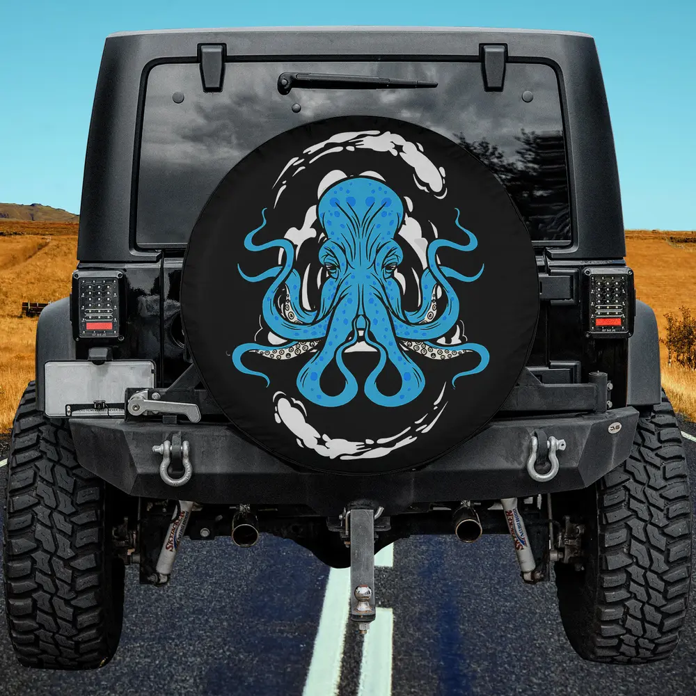 Blue Kraken Tentacles Swirling Waves Octopus Spare Tire Cover No Camera Hole