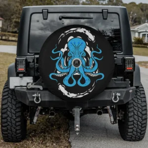 Blue kraken tentacles swirling waves octopus spare tire cover with backup camera hole