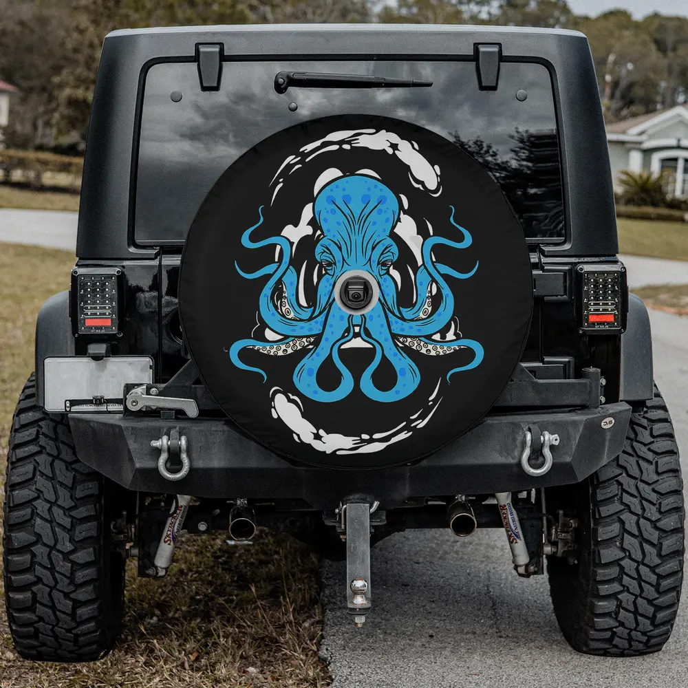 Blue kraken tentacles swirling waves octopus spare tire cover with backup camera hole