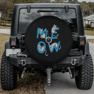 Blue MEOW letters with playful cartoon cats cat spare tire cover with camera hole