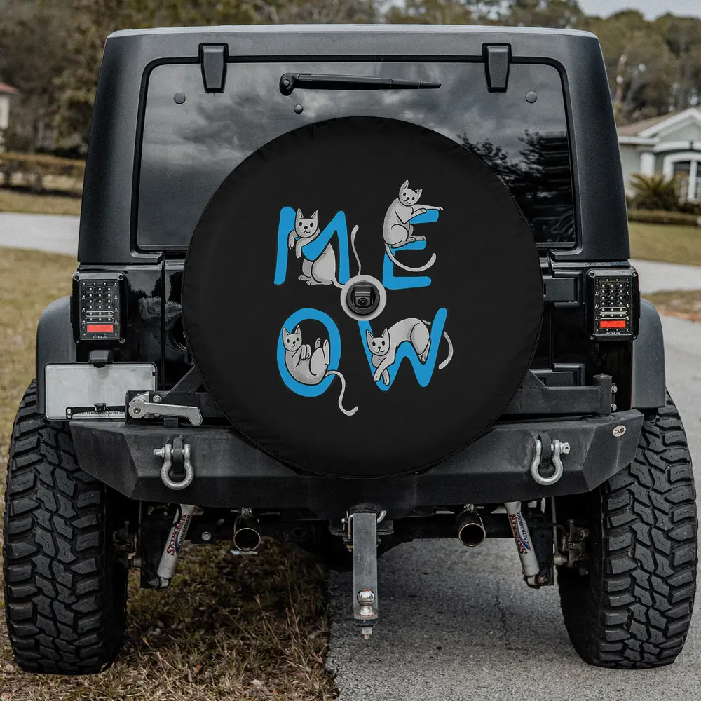 Blue MEOW letters with playful cartoon cats cat spare tire cover with camera hole