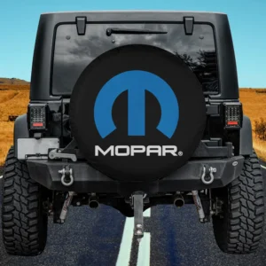 Blue Mopar logo on black background spare tire cover for Bronco Sport with no camera hole