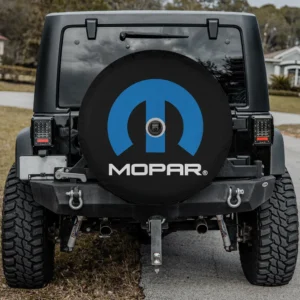 Blue Mopar logo black background spare tire cover for Ford Bronco Sport with camera hole