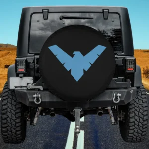 Blue Nightwing bird kids DC Comics spare tire cover with no camera hole on Jeep