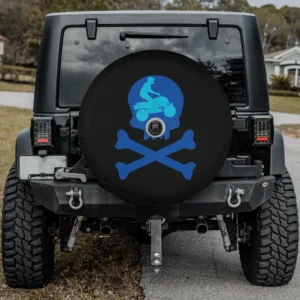 Blue quad rider skull crossbones kids spare tire cover with camera hole for Jeep Gladiator