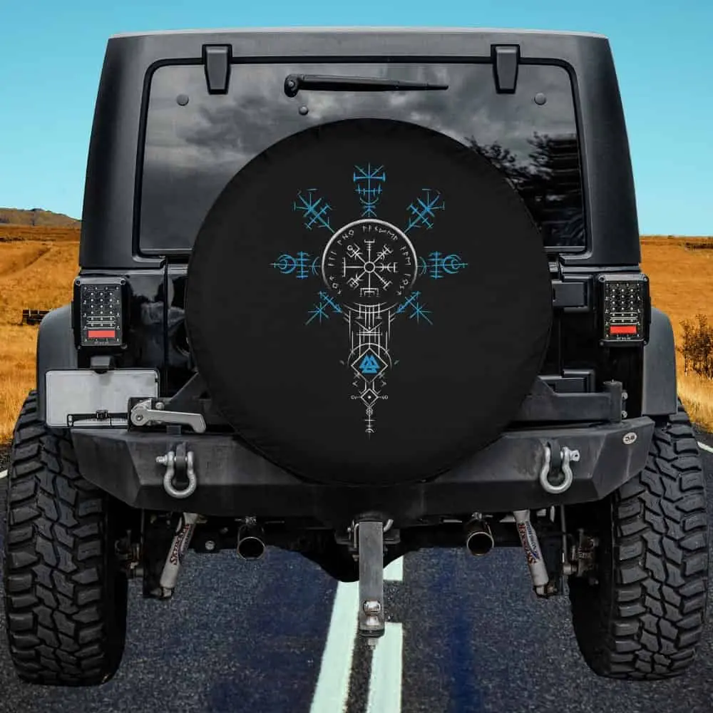 Blue runic Vegvisir compass and Valknut Viking spare tire cover for Jeep Cherokee, no camera hole