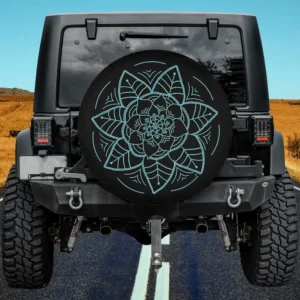 Blue six petal flower mandala line art spare tire cover no camera hole for Jeep Gladiator