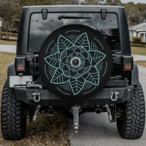 Blue six petal flower mandala line art spare tire cover with camera hole for Jeep Gladiator