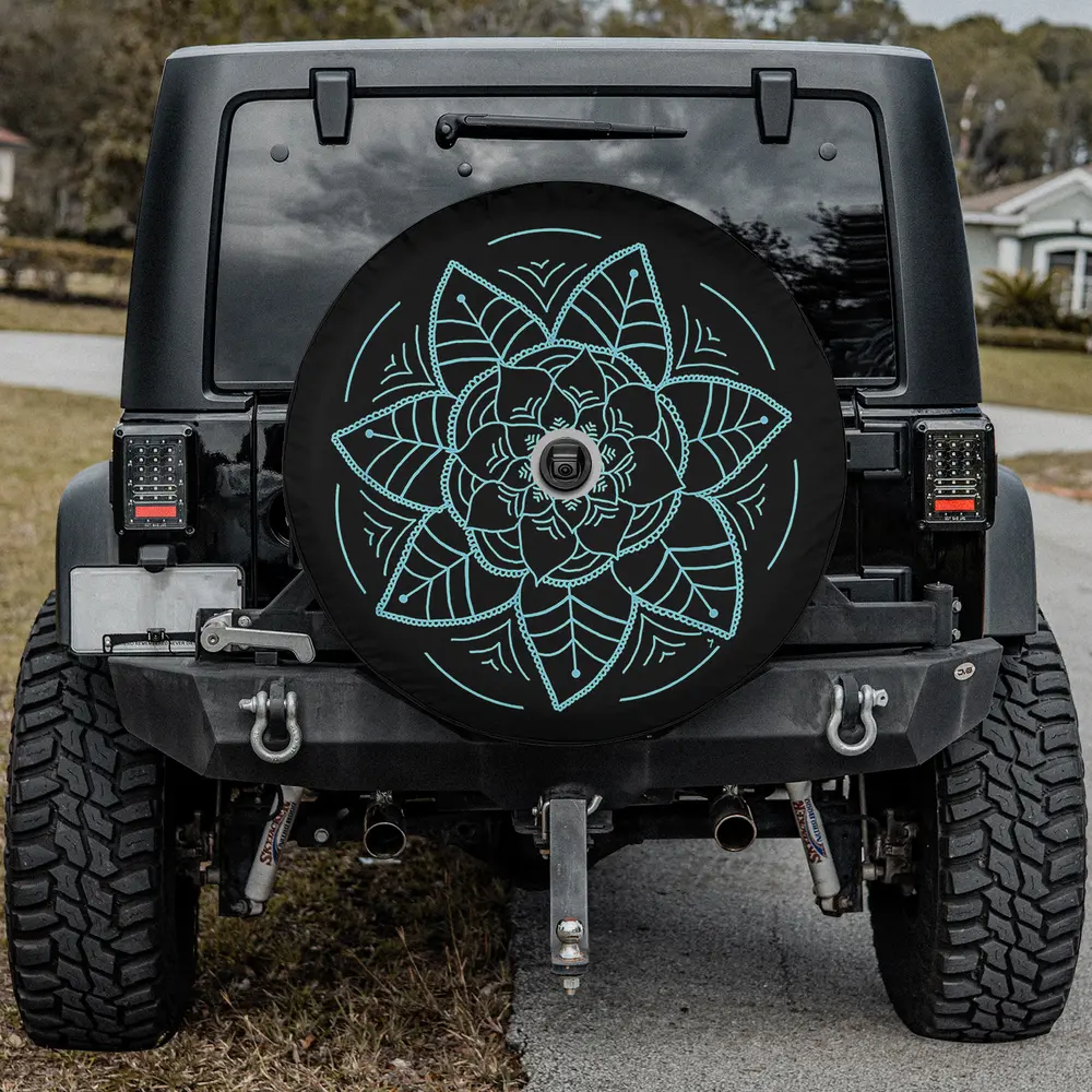 Blue six petal flower mandala line art spare tire cover with camera hole for Jeep Gladiator