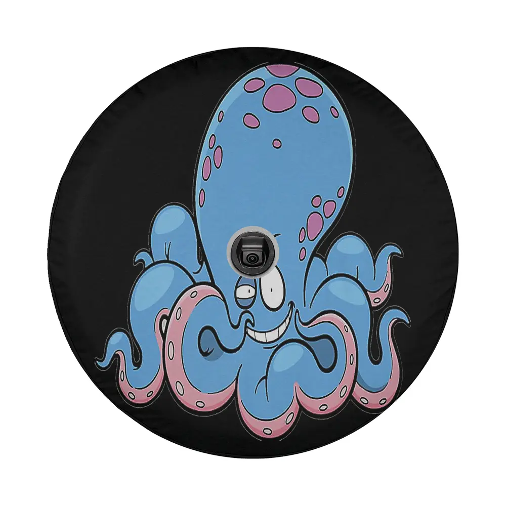 Cartoon octopus with blue spots and pink tentacles halloween spare tire cover