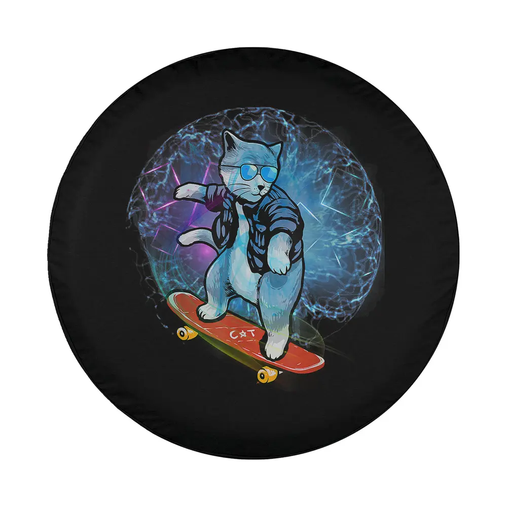 Cool cat in sunglasses skateboarding with electric energy, spare tire cover design
