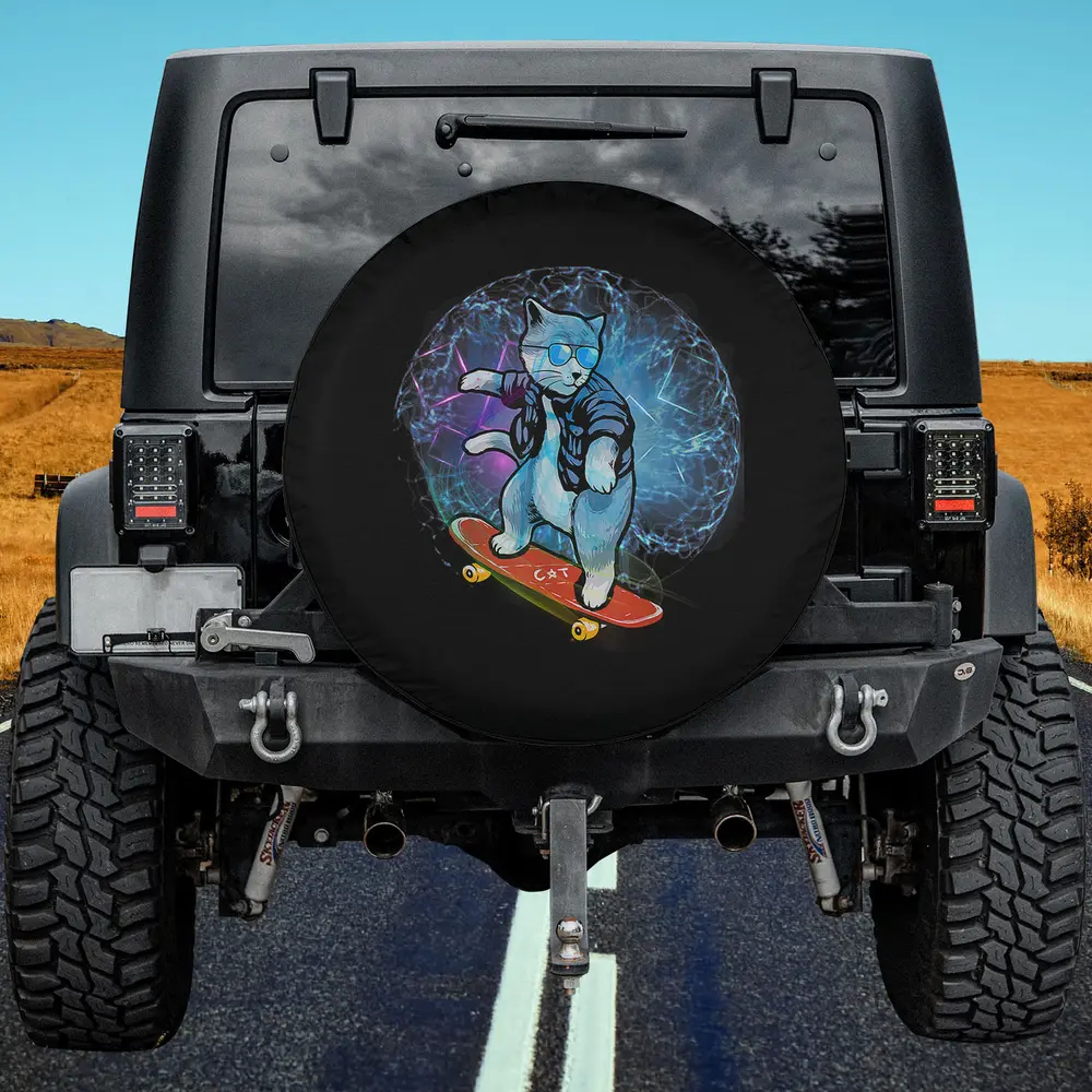 Blue Sunglasses Skateboard Cat Electric Energy Spare Tire Cover No Camera Hole