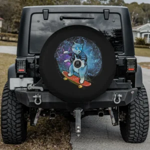 Blue cat with sunglasses on skateboard, electric energy, spare tire cover with camera hole