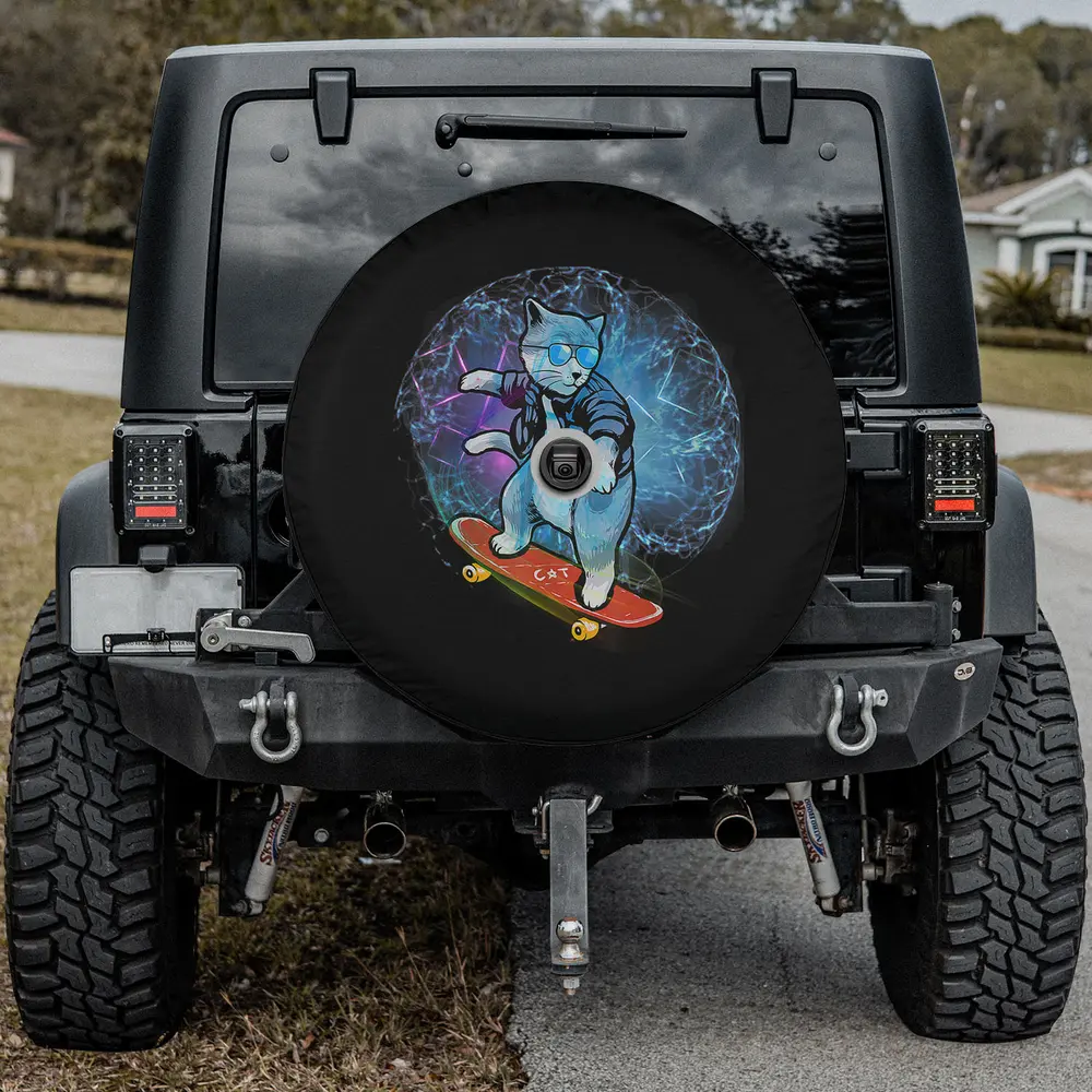 Blue cat with sunglasses on skateboard, electric energy, spare tire cover with camera hole