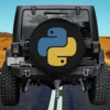 Blue and yellow Python logo developer spare tire cover on Jeep, no camera hole