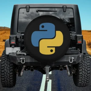 Blue and yellow Python logo developer spare tire cover on Jeep, no camera hole
