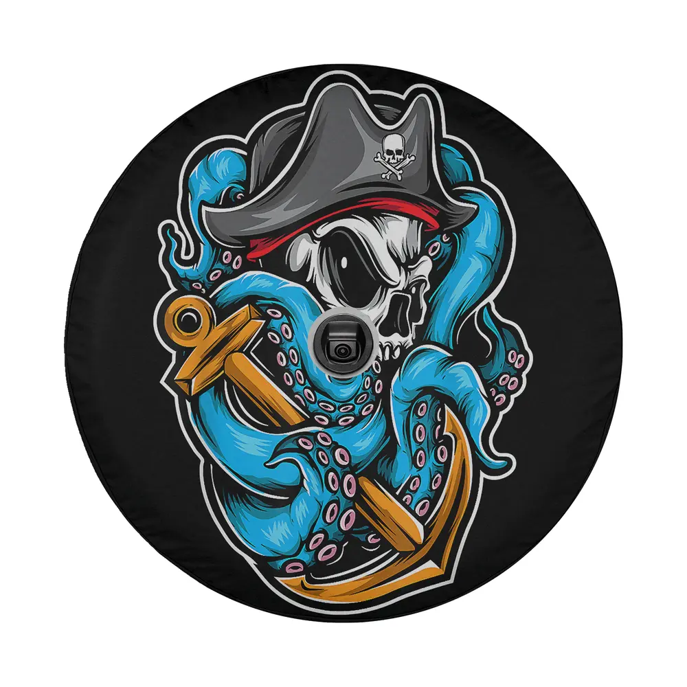 Close-up of boating octopus pirate anchor design on spare tire cover fabric