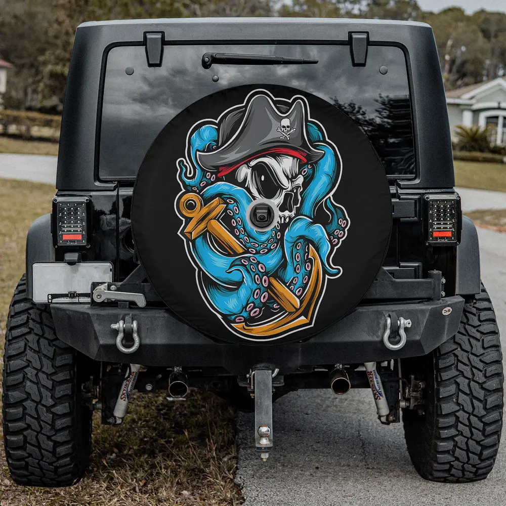 Boating octopus pirate anchor spare tire cover with backup camera hole on Jeep