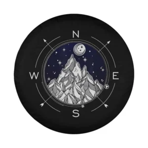 Boho mountain compass and celestial night sky design for spare tire cover